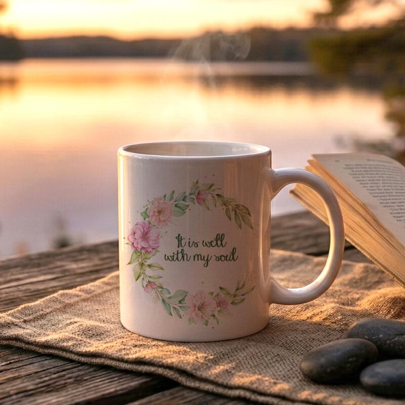 cană creștină cu mesajul "it is well with my soul"