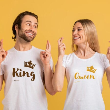 set tricouri personalizate cuplu cu mesaj — the king & his queen