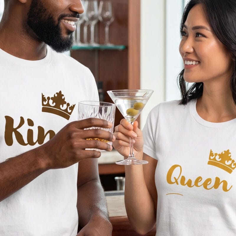 set tricouri personalizate cuplu cu mesaj — the king & his queen