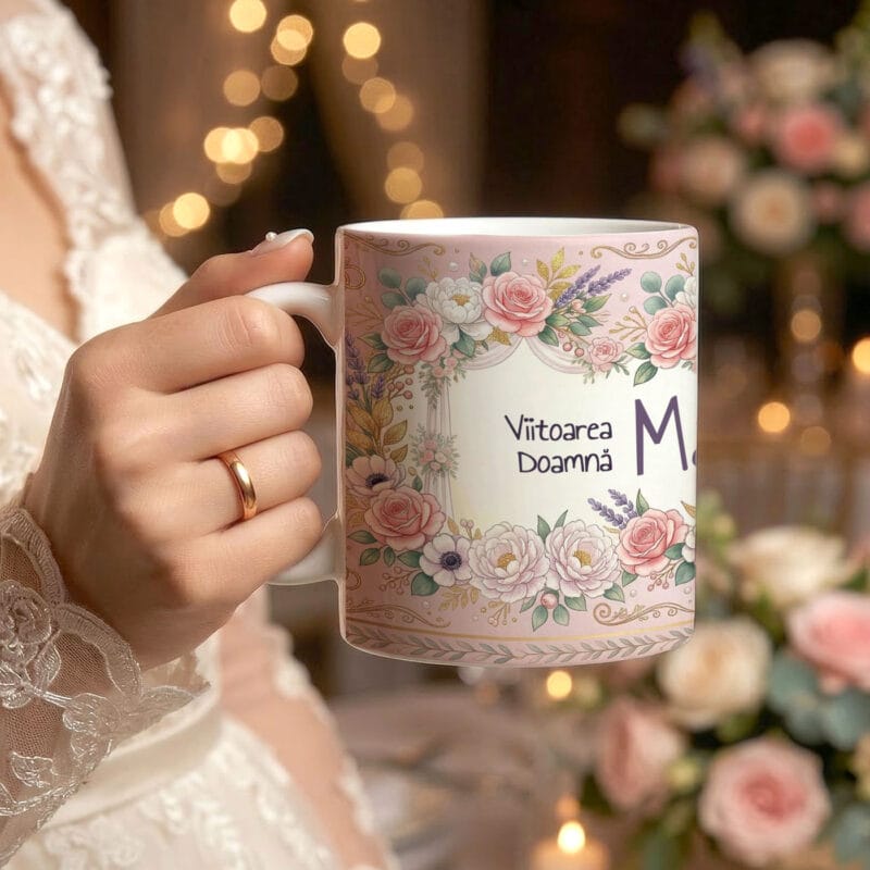 cană personalizată "viitoarea doamnă..." cadou pentru mireasă