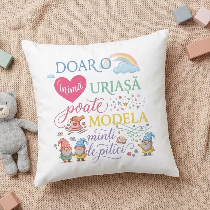 pernă decorativă "inimă uriașă" cadou educatoare / Învățătoare (mesaj emoționant & design pitici)