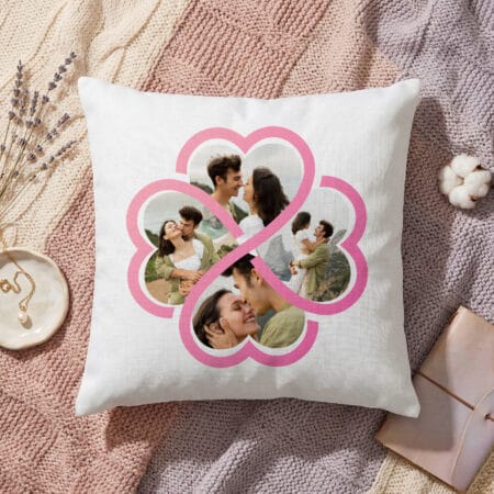 pernă personalizată cuplu "inimi interconectate" colaj 4 poze romantice (design roz)