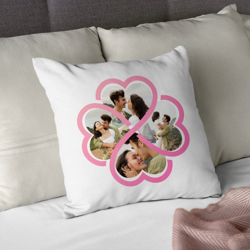 pernă romantică personalizată cu 4 poze inimă și mesaj de dragoste