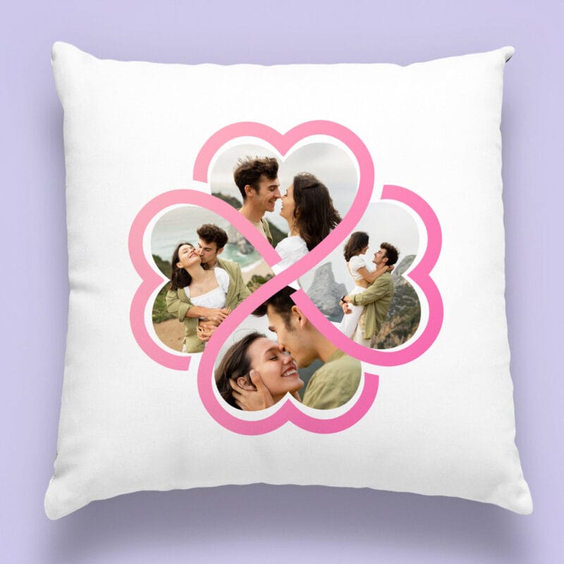 pernă romantică personalizată cu 4 poze inimă și mesaj de dragoste