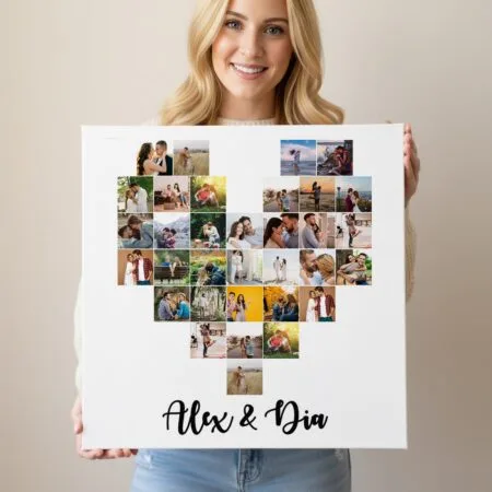 tablou canvas personalizat "inimă din amintiri" colaj cu 33 poze, cadou aniversare pentru cuplu