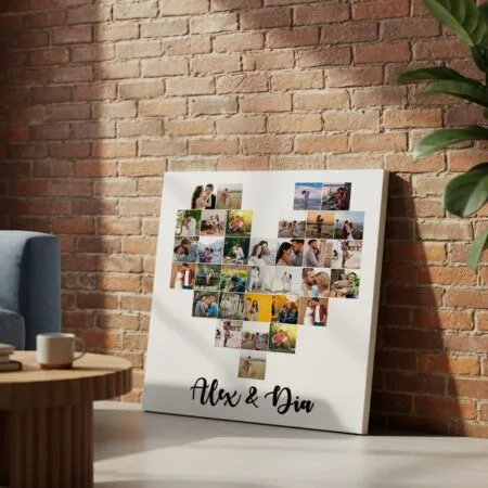 tablou canvas personalizat "inimă din amintiri" colaj cu 33 poze, cadou aniversare pentru cuplu