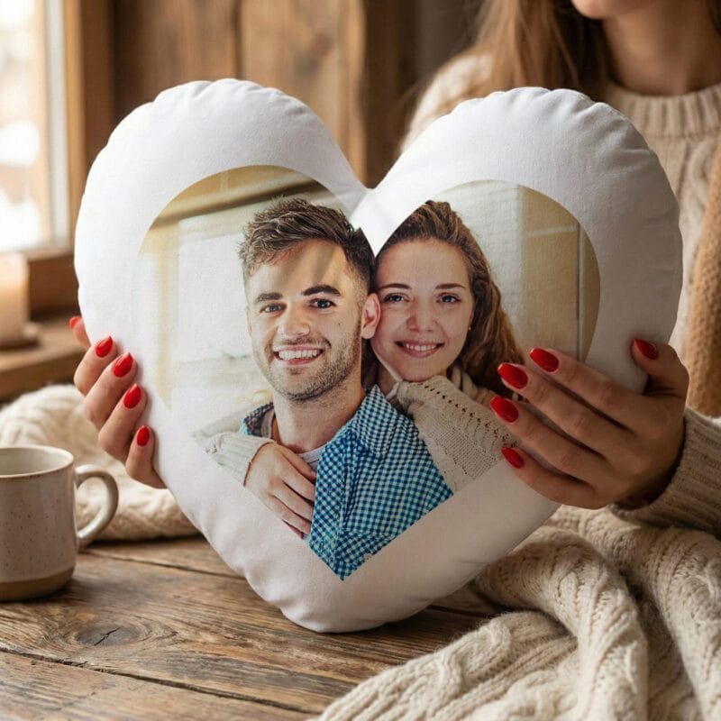 pernă în formă de inimă personalizată cu fotografia voastră
