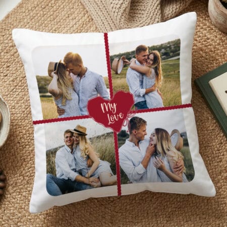 pernă romantică personalizată "my love" cu 3 poze (colaj cuplu)