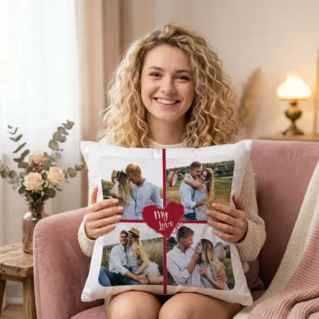 pernă romantică personalizată "my love" cu 3 poze (colaj cuplu)