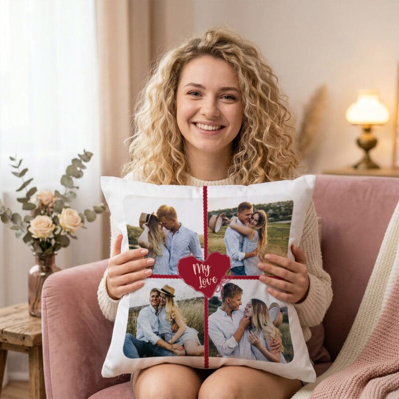 pernă romantică personalizată "my love" cu 3 poze (colaj cuplu)
