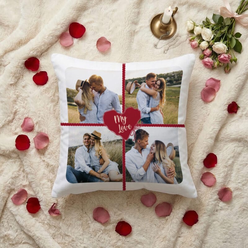 pernă romantică personalizată "my love" cu 3 poze (colaj cuplu)