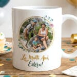 cană personalizată aniversară la mulți ani — poză, nume & design floral auriu