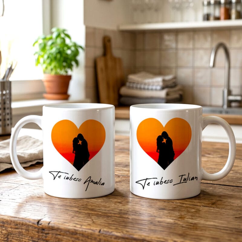 set 2 căni personalizate cu poză și nume — cadou cuplu te iubesc
