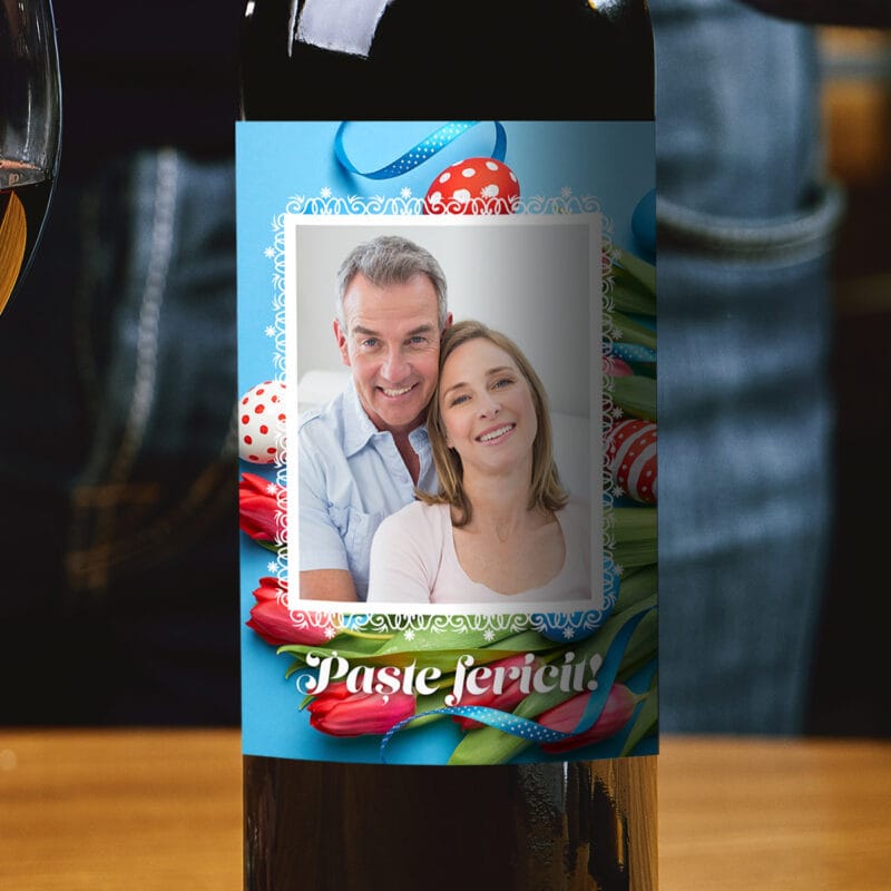 sticlă de vin personalizată cu text și fotografie - paște