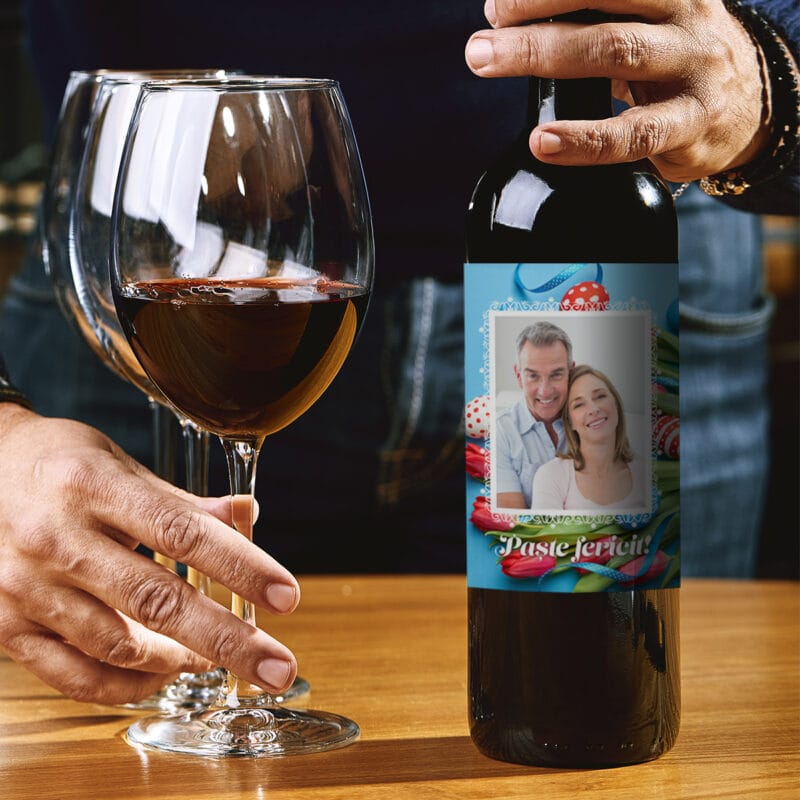 sticlă de vin personalizată cu text și fotografie - paște