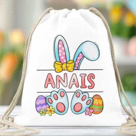 săculeț personalizat cu iepuraș și nume pentru cadouri