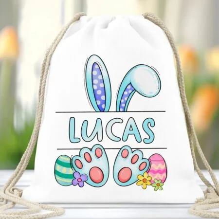 săculeț personalizat cu iepuraș și nume pentru cadouri