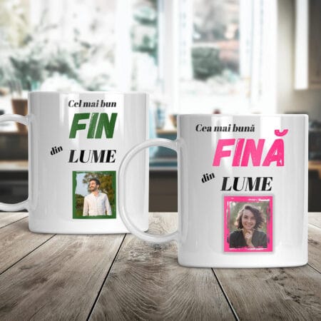 set 2 căni personalizate cu poză și mesaj — cadou fini de la nași