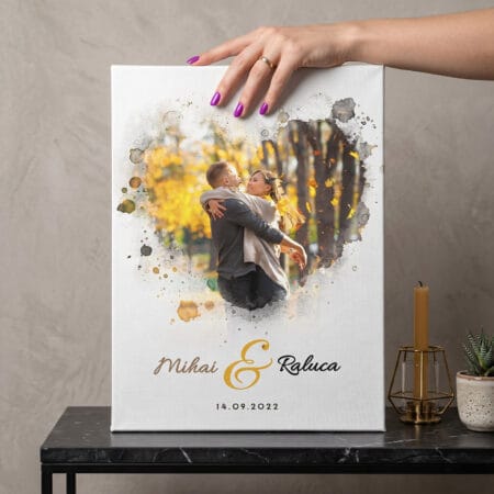 tablou canvas personalizat efect watercolor — cuplu cu poză și nume