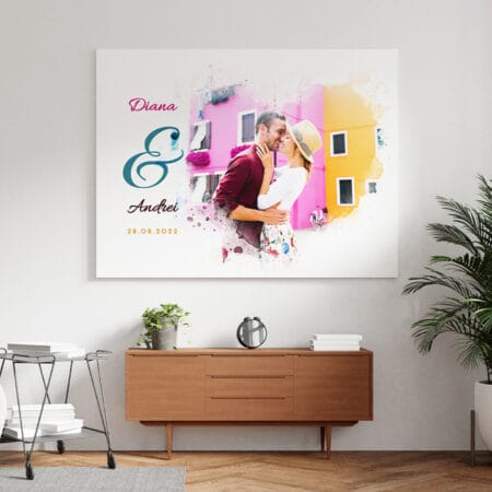 tablou canvas personalizat efect watercolor — cuplu cu poză și nume