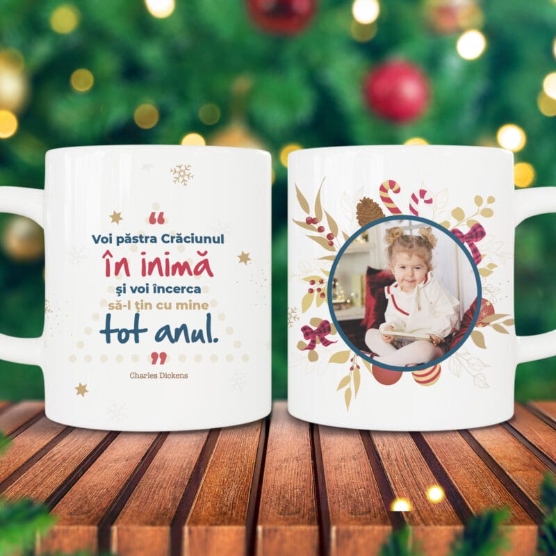 Cană personalizată pentru Crăciun „Sărbători Fericite” cu o poză și text (copiază)