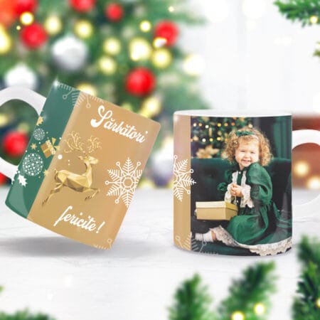 Cană personalizată pentru Crăciun „Sărbători Fericite” cu o poză și text