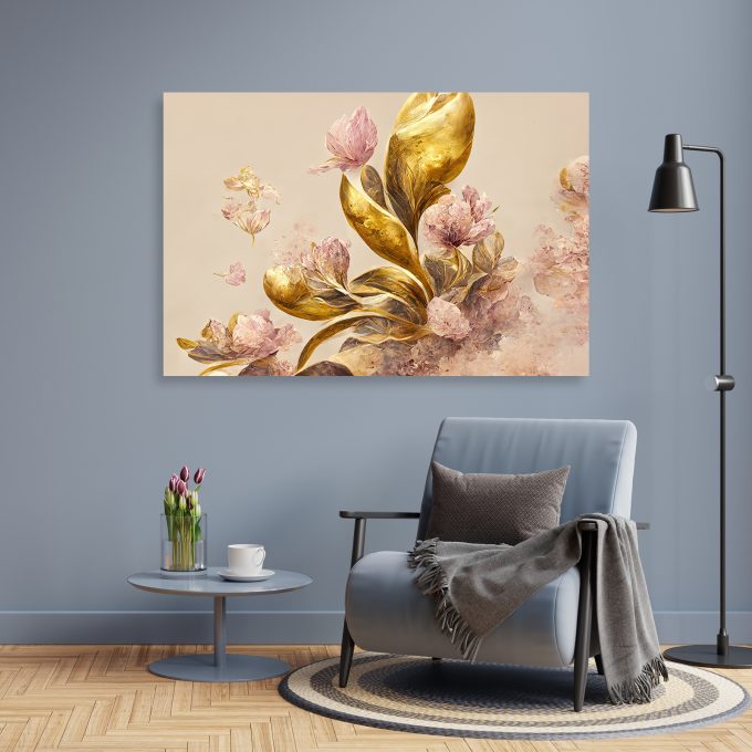 Tablou canvas decorativ Flori cu Frunze Aurii