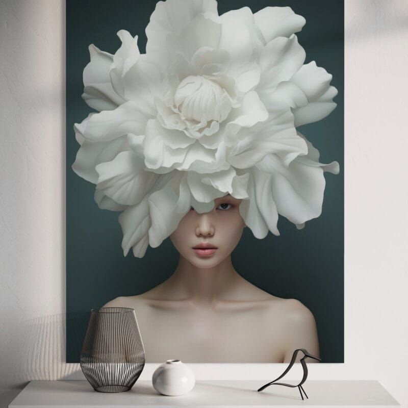 tablou canvas decorativ cu femeie asiatică și floare