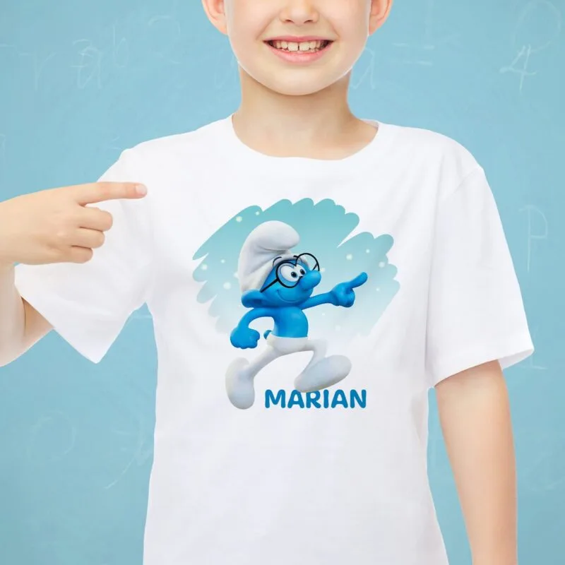 tricou personalizat pentru copii cu ștrumful curajos