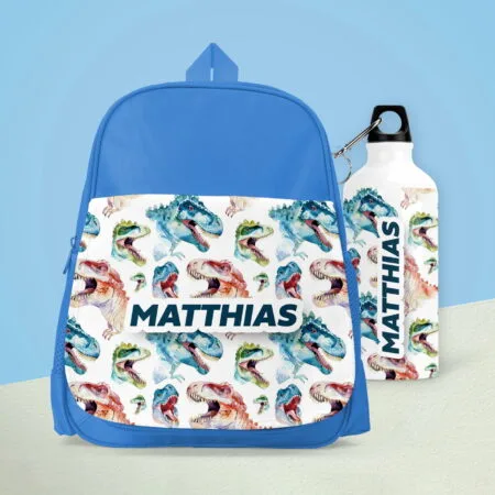 set ghiozdan și bidon personalizat cu nume și fundal preferat