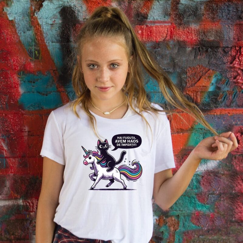 tricou personalizat cu pisi și unicorn avem haos