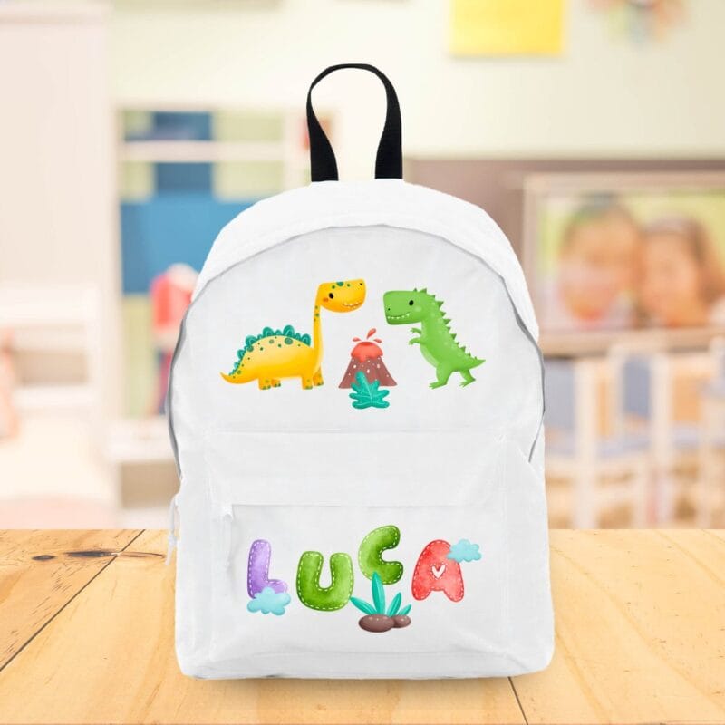 ghiozdan personalizat cu numele băiatului și dinozauri drăgălași