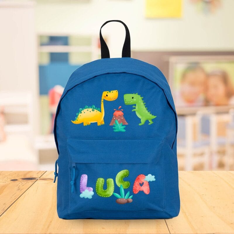 ghiozdan personalizat cu numele băiatului și dinozauri drăgălași - albastru