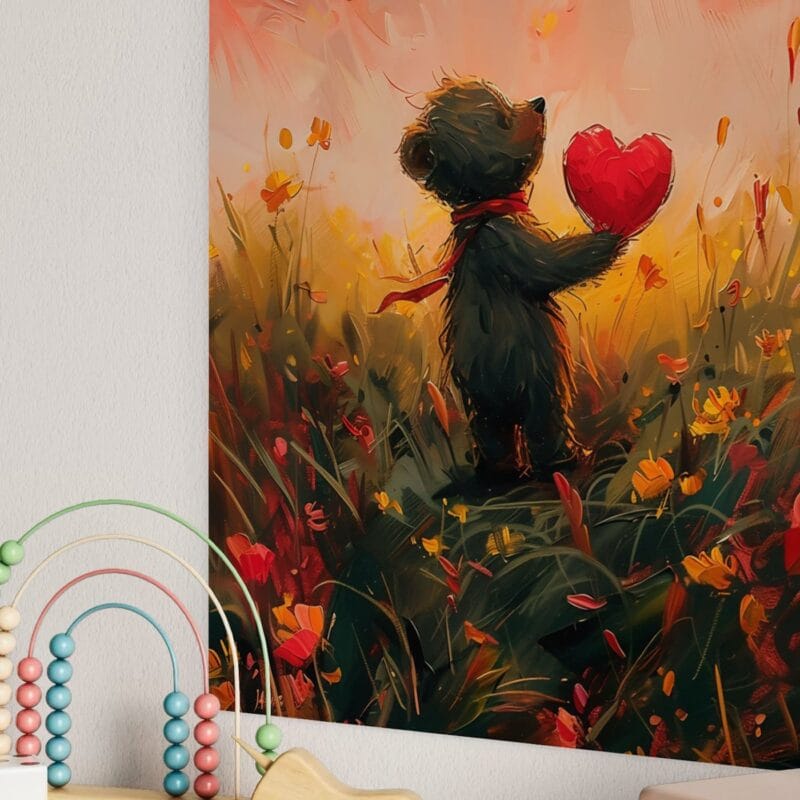 tablou canvas decorativ ursuleț Îndrăgostit în câmp de flori la apus