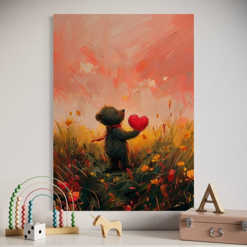 tablou canvas decorativ ursuleț Îndrăgostit în câmp de flori la apus