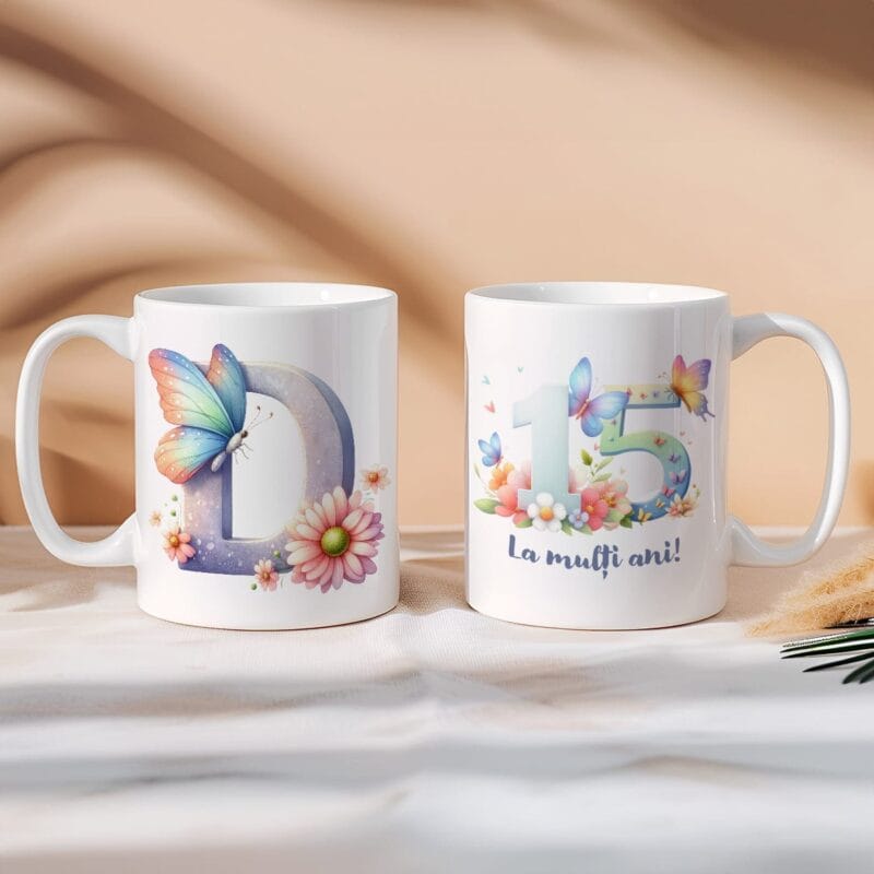 cană aniversară personalizată cu inițială și vârstă