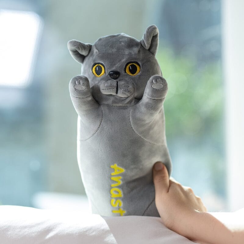 pisică gri din pluș personalizată cu nume