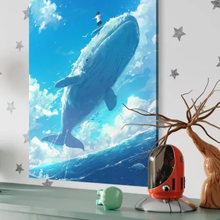 tablou canvas decorativ aventură pe mare cu balena albastră