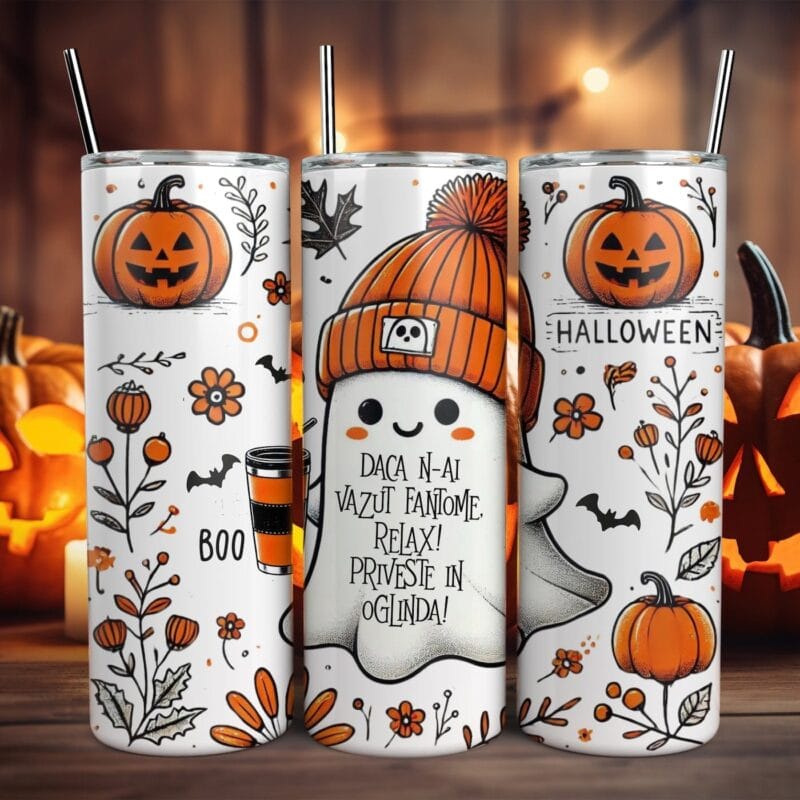 termos personalizat cu fantomița de halloween
