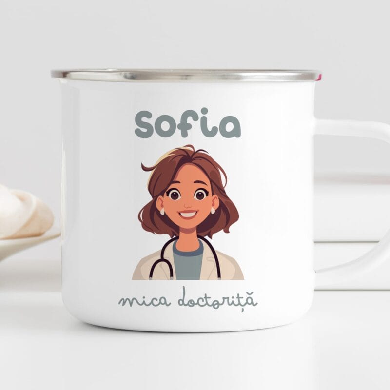 cană metalică emailată personalizată pentru copii micul meseriaș