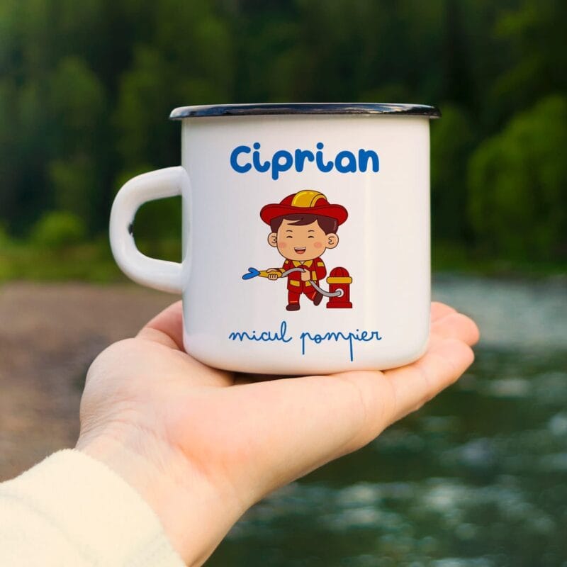 cană metalică emailată personalizată pentru copii micul meseriaș