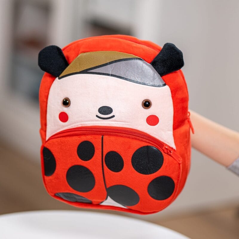 ghiozdănel buburuză din pluș personalizat cu nume