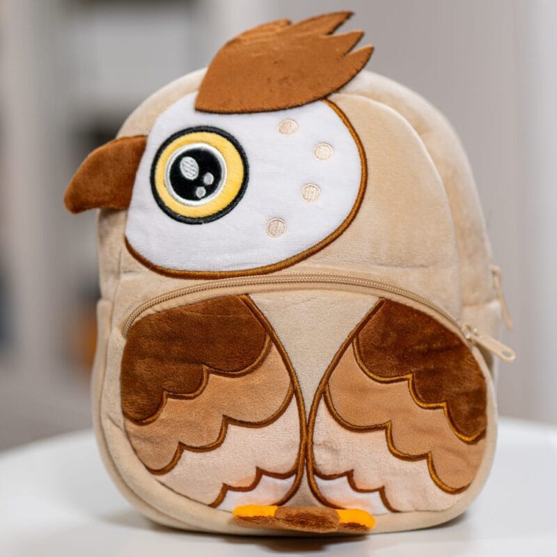 ghiozdănel bufniță din pluș personalizat cu nume