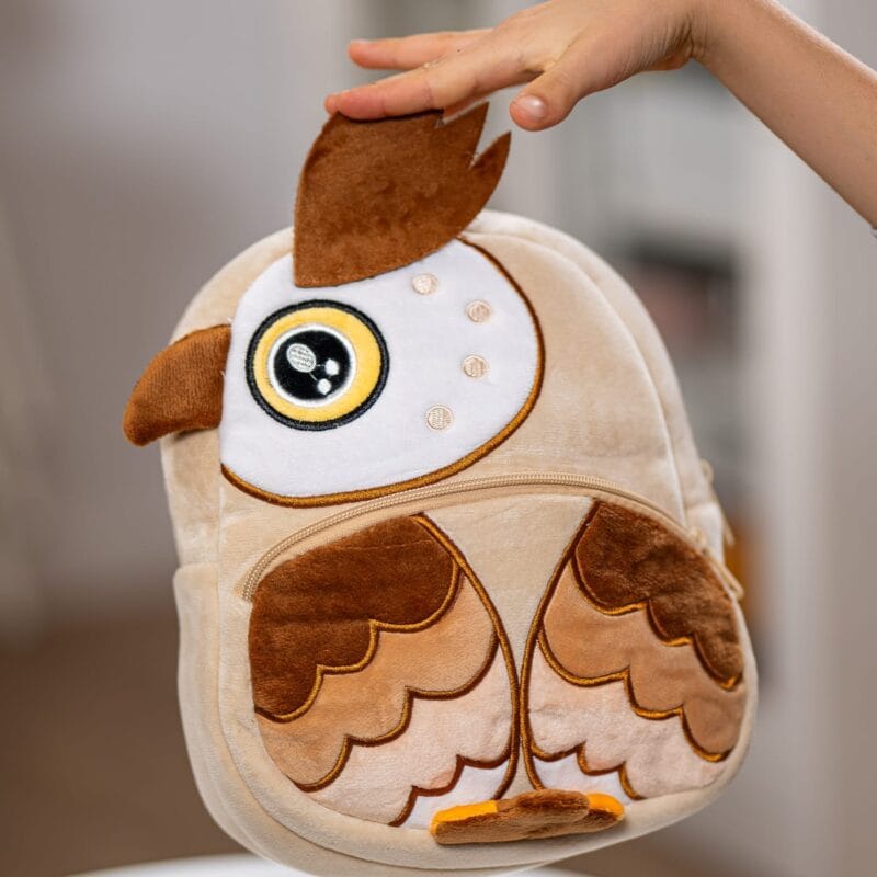 ghiozdănel bufniță din pluș personalizat cu nume