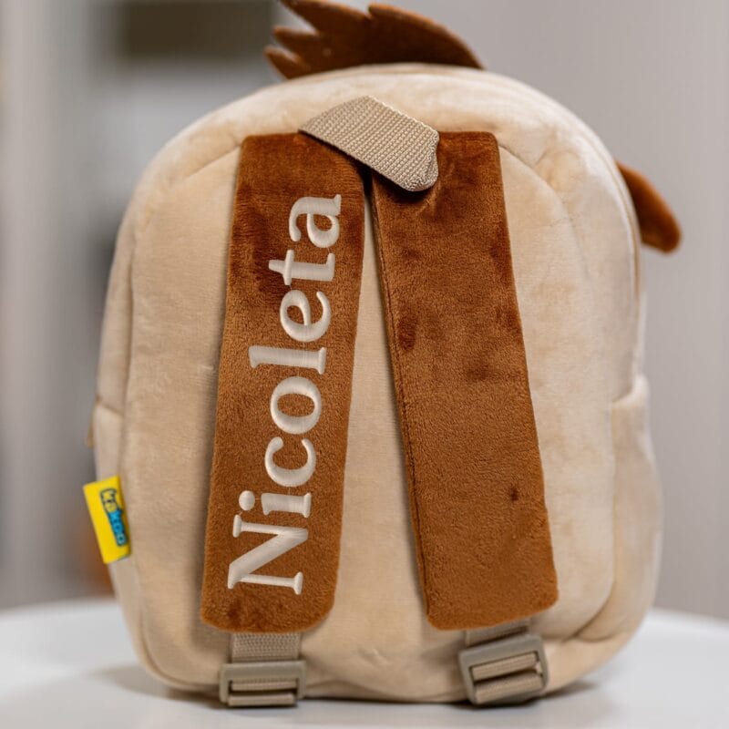 ghiozdănel bufniță din pluș personalizat cu nume