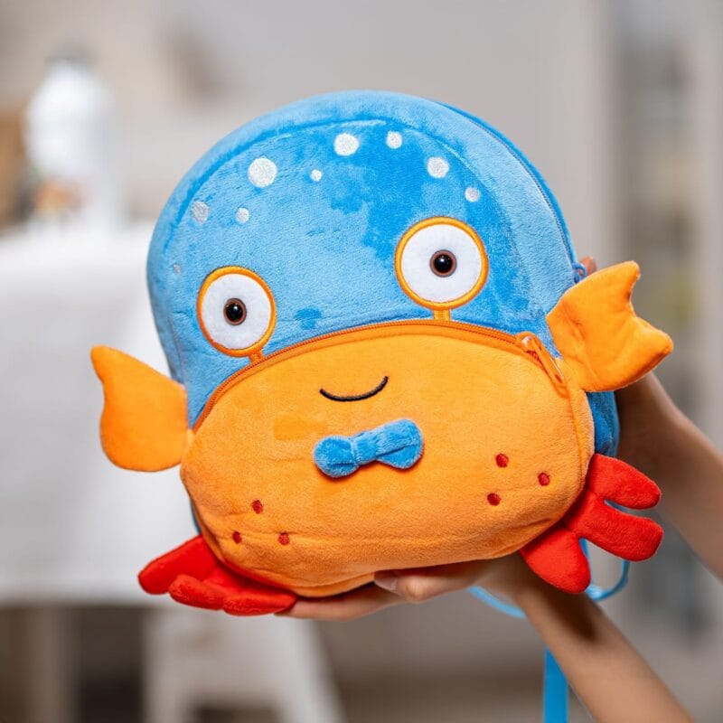 ghiozdănel crab din pluș personalizat cu nume