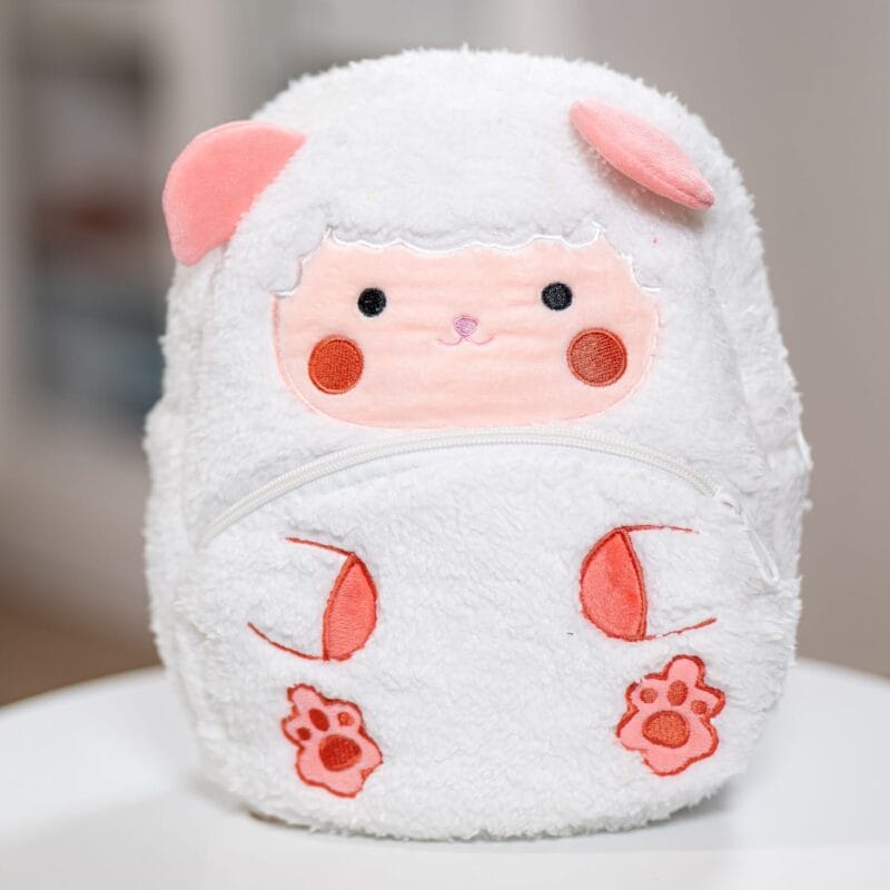 ghiozdănel oiță din pluș personalizat cu nume