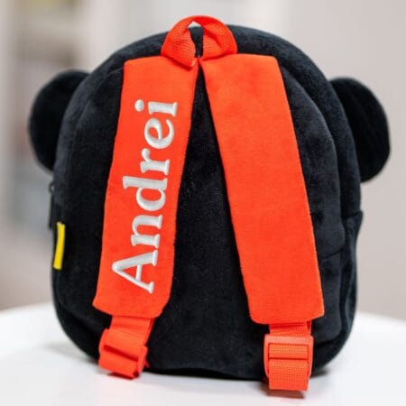 ghiozdănel panda din pluș personalizat cu nume