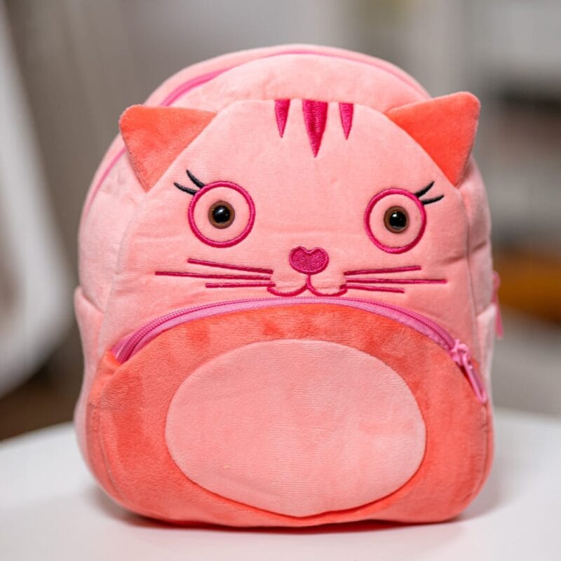 ghiozdănel pisicuță roz din pluș personalizat cu nume