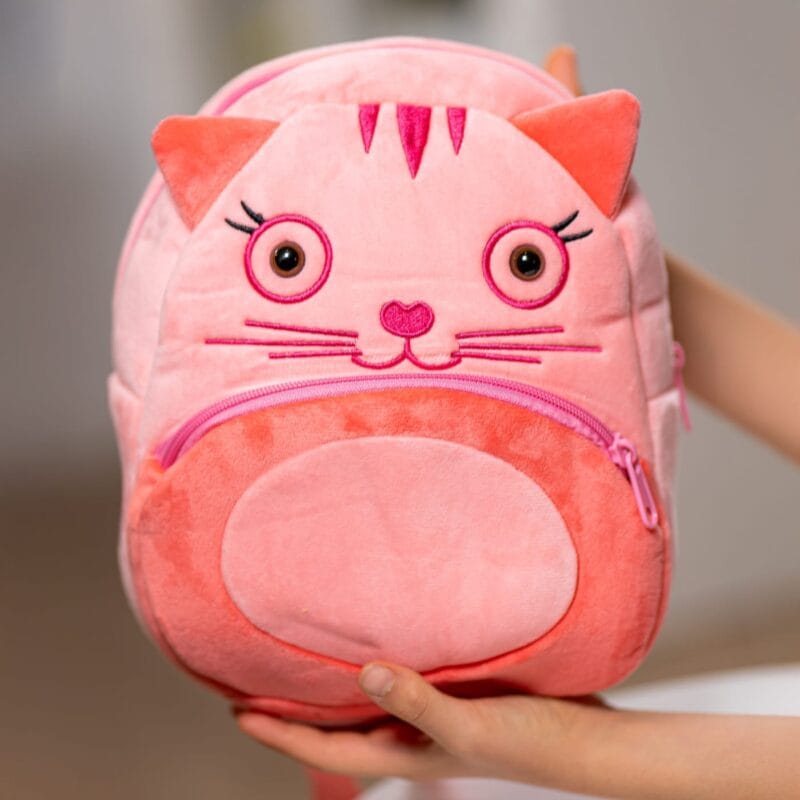 ghiozdănel pisicuță roz din pluș personalizat cu nume